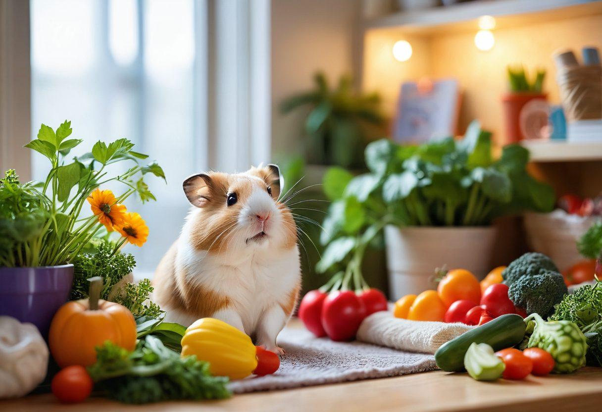 A cozy indoor setting with a playful hamster in a colorful habitat, surrounded by essential care items like fresh vegetables, a water bottle, and a soft bedding layer. Include a vibrant background with plants and toys that highlight the joy of hamster ownership. The scene should feel warm and inviting, showcasing both health and happiness for the furry companion. whimsical art style. vibrant colors. soft lighting.