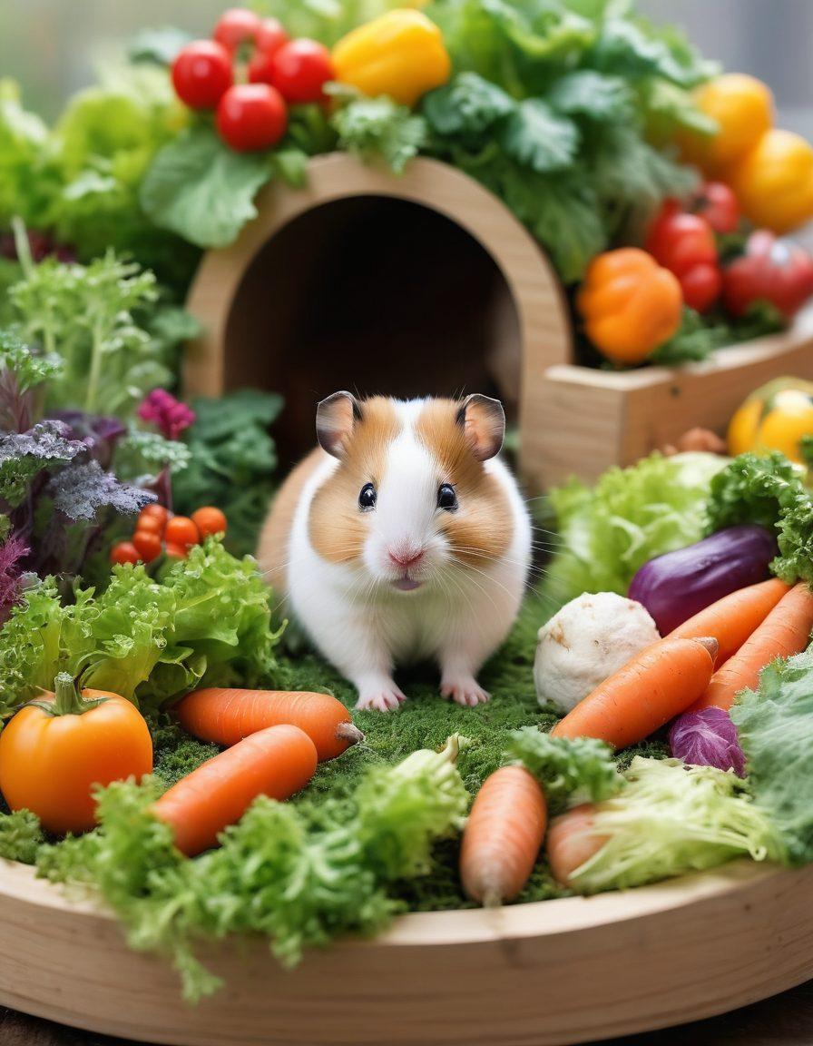 A vibrant, cozy hamster habitat filled with colorful bedding, fresh vegetables, and a variety of grooming tools. Show a happy hamster enjoying a nutritious meal, surrounded by lush greenery and playful toys. Include detailed textures of the fur and food, and a nurturing atmosphere to convey care and wellness. cartoonish style. bright colors. soft focus.