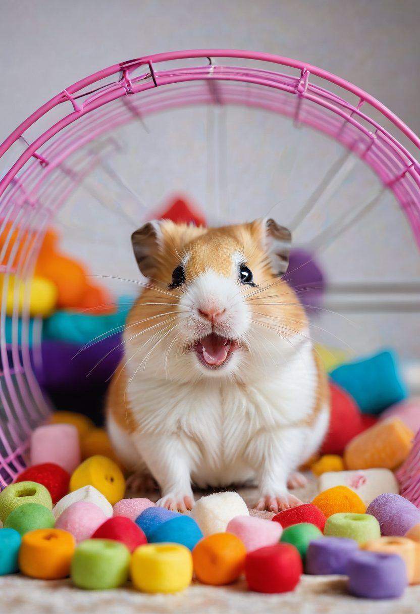 A colorful and playful depiction of a happy hamster in a cozy cage, engaging with various toys like a wheel and tunnel. The scene showcases the hamster's playful behavior, surrounded by soft bedding and treats, highlighting training techniques with visual cues like small training charts. Bright, cheerful colors should evoke a sense of joy and warmth, enhancing the theme of a happy pet life. super-realistic. vibrant colors. soft background.